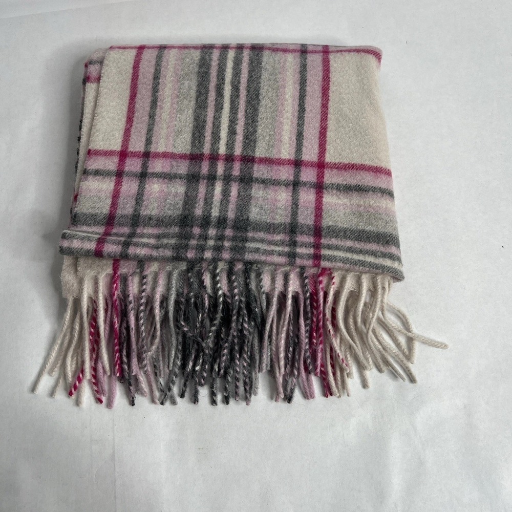 Talbots‎ 100% Cashmere Wreath Plaid Wrap Scarf Gray Pink 19'X74' NWOT
